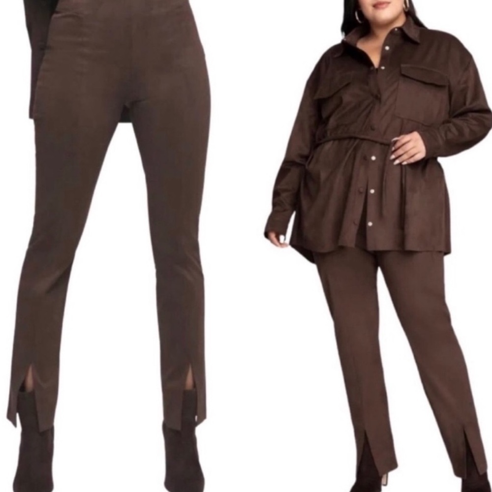 GOOD AMERICAN Faux Suede Brown Split Pants Trousers